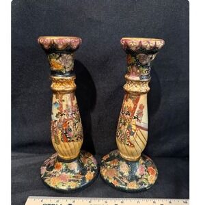 Vintage Satsuma Medium Candle Stick Holders Set Of 2 9 1/4" Tall